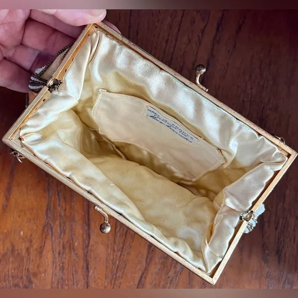 Vintage Beaded Purse Satin Evening Handbag 1940s 1950s Wedding Purse France - Picture 7 of 12